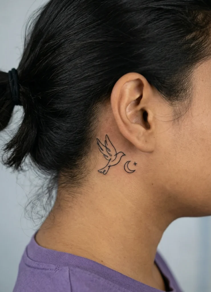 Tiny Bird Silhouette Behind Ear Tattoo