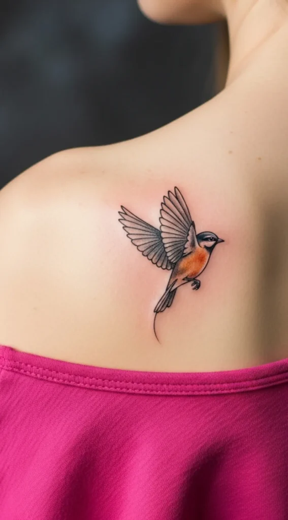 Tiny Bird on Shoulder Blade Tattoo