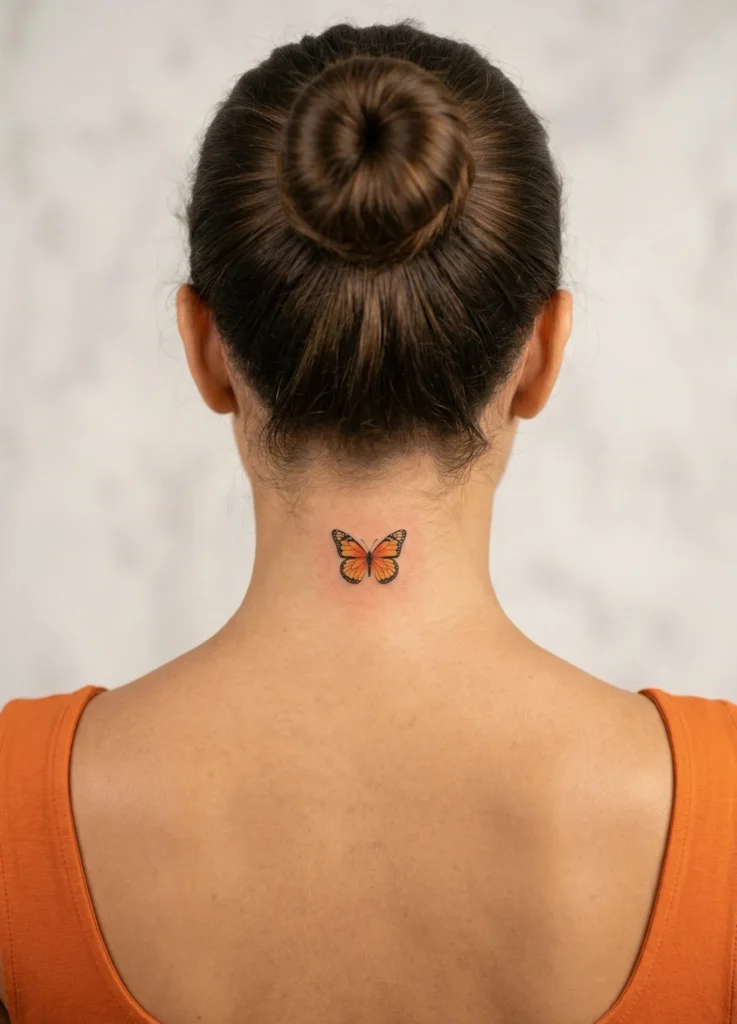 Tiny Butterfly Hidden Tattoo on Back of Neck