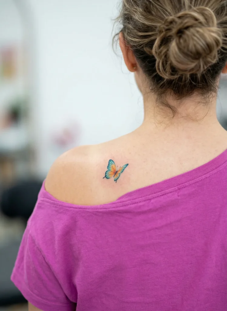 Tiny Butterfly Hidden Tattoo on Behind Shoulder