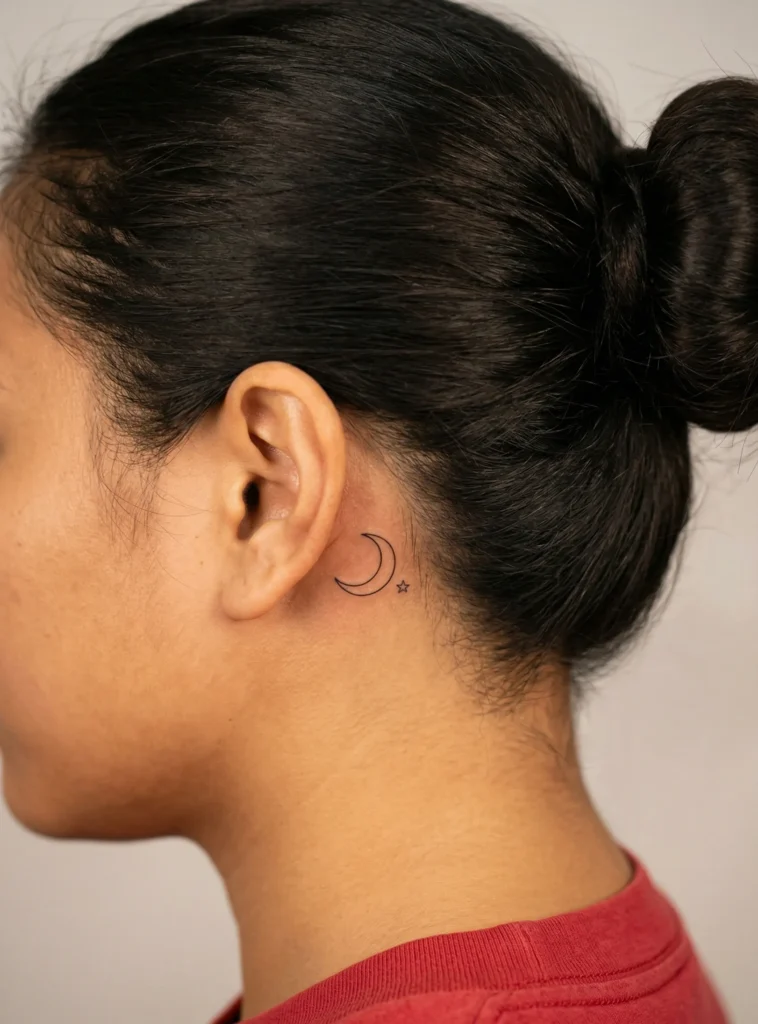 Tiny Crescent Moon Hidden Tattoo Behind Ear
