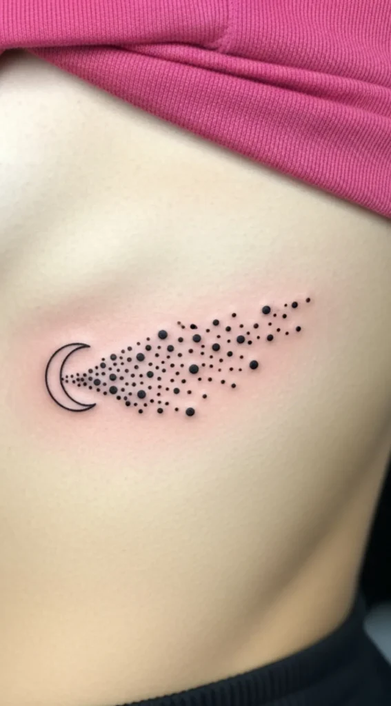Tiny Crescent Moon with Dot Trail on Rib