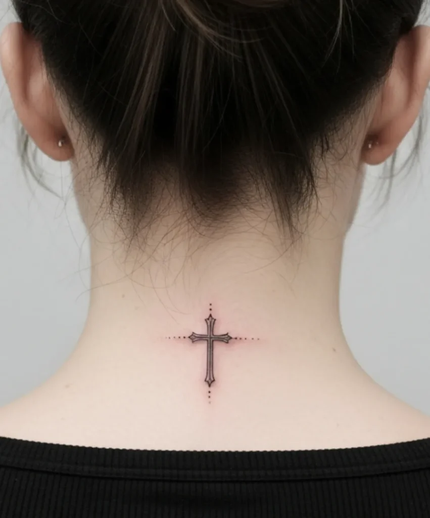 Tiny Cross Behind Neck Tattoo