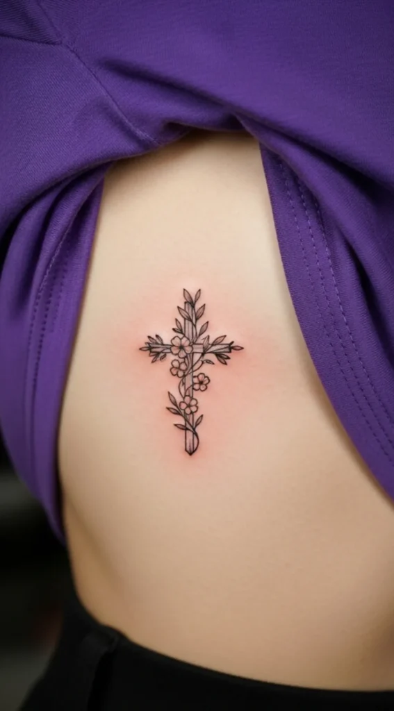 Tiny Cross and Flowers on Rib