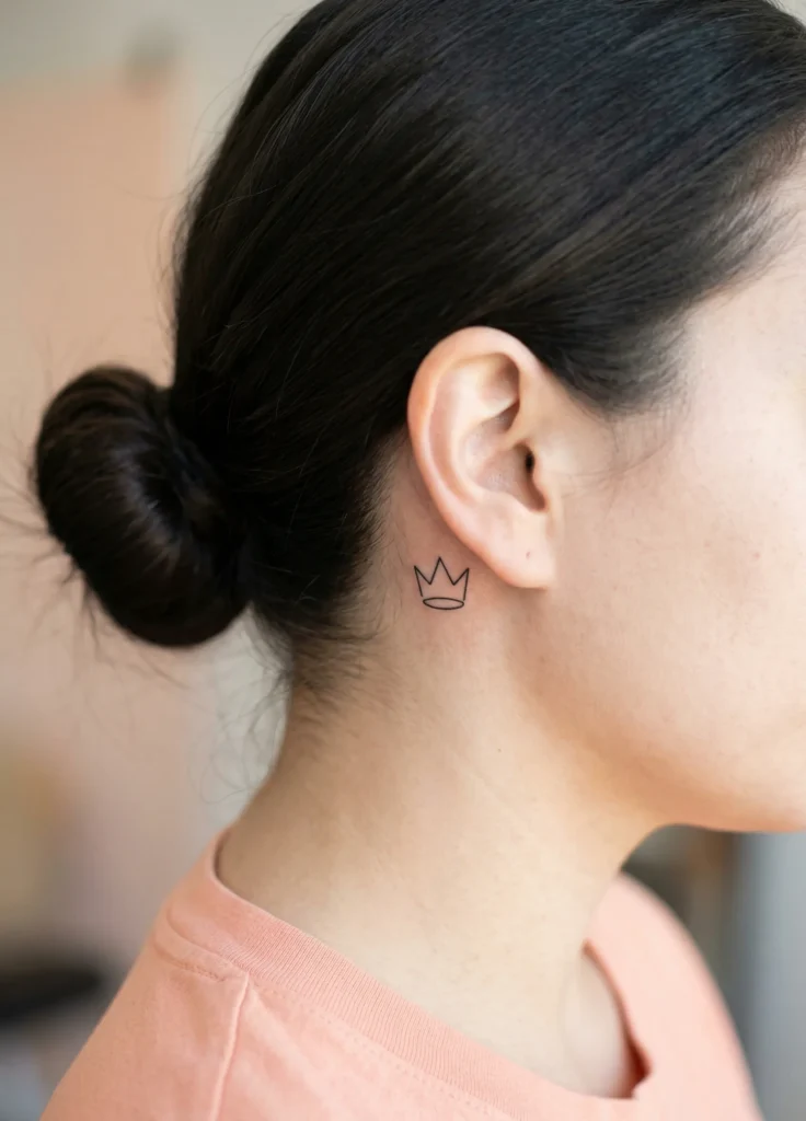 Tiny Crown Behind Ear Tattoo    
