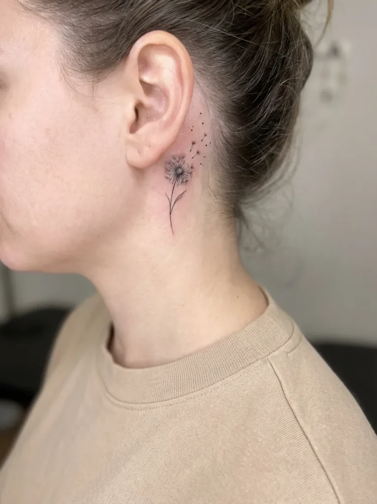 Tiny Dandelion Behind Ear Tattoo