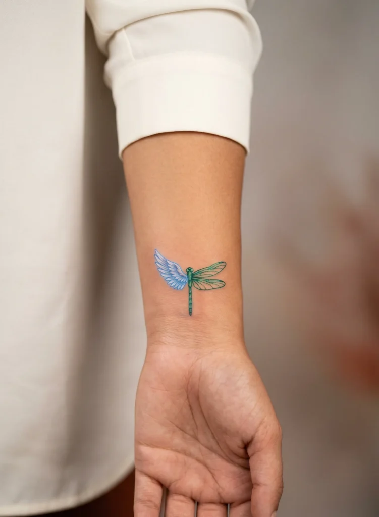 Tiny Dragonfly Angel Hybrid on Wrist