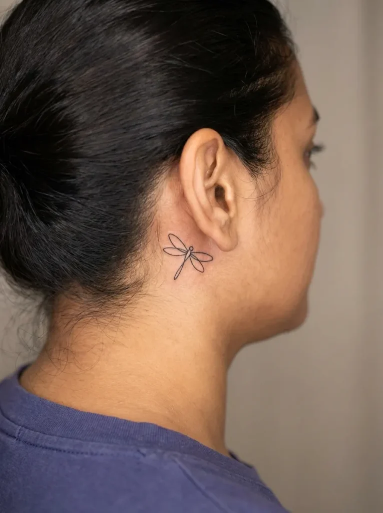 Tiny Dragonfly Behind Ear Tattoo