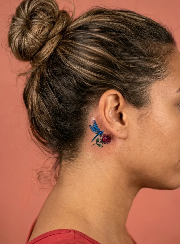 Tiny Dragonfly Behind the Ear with Rose