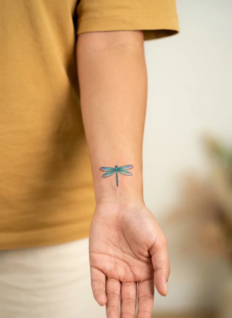 Tiny Dragonfly Wrist Tattoo Near Inner Wrist