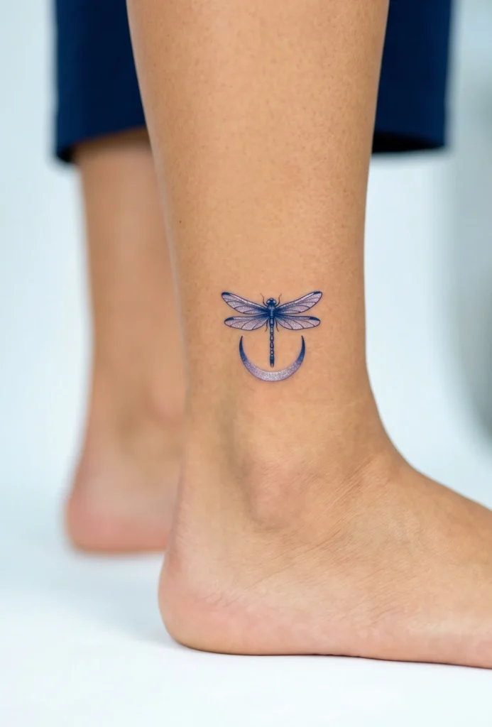 Tiny Dragonfly with Crescent Moon on Ankle