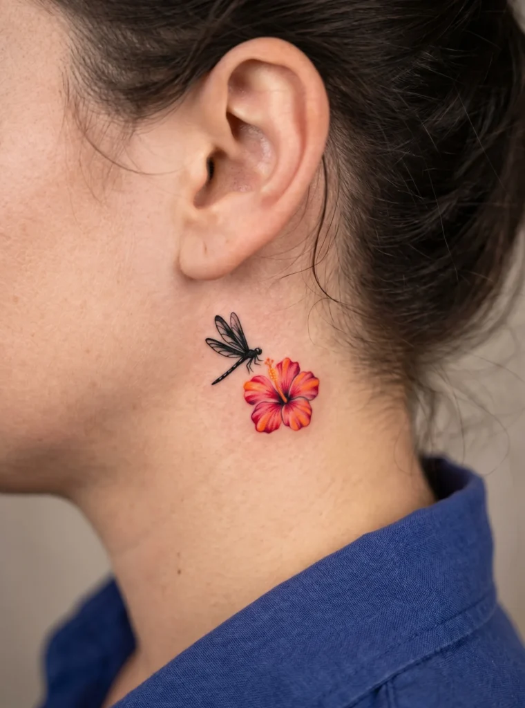 Tiny Dragonfly with Hibiscus Flower