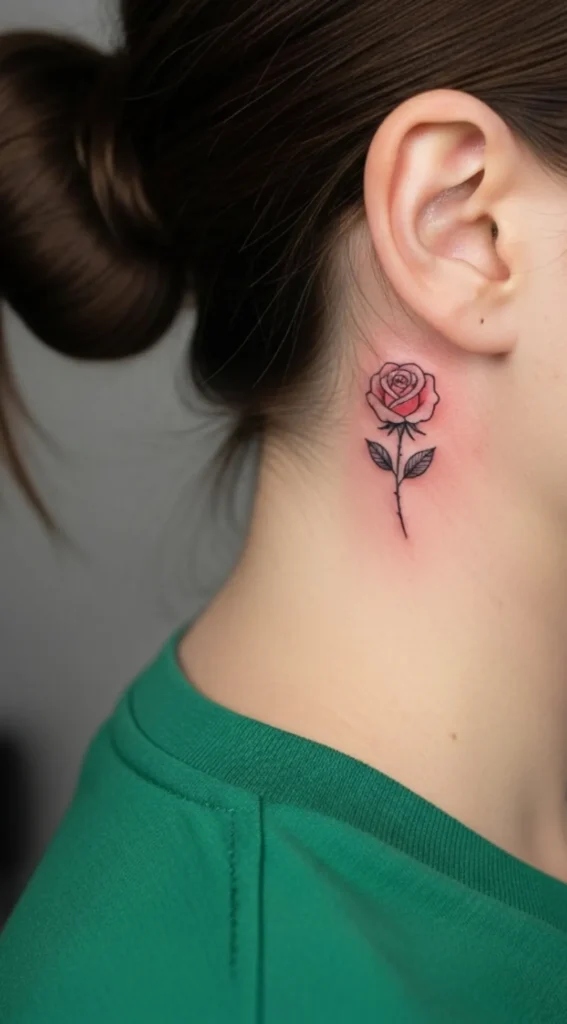 Tiny Fine Line Rose Behind the Ear