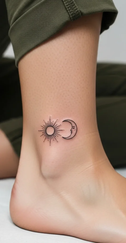 Tiny Fine Line Sun and Moon Combo on Ankle