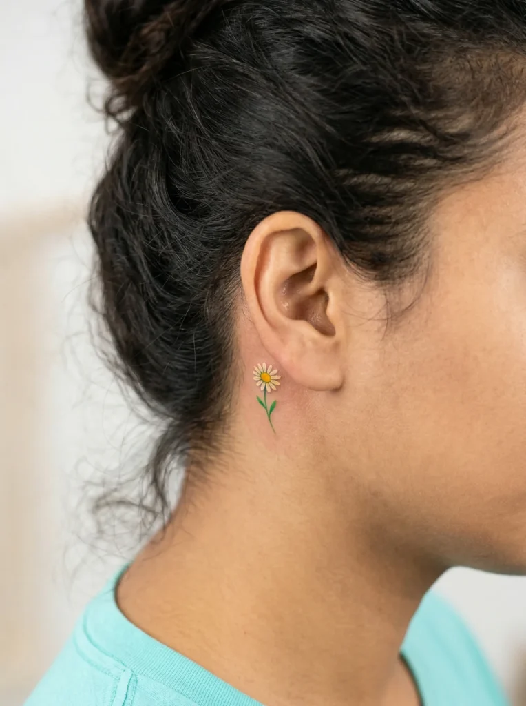 Tiny Floral Behind the Ear Tattoo