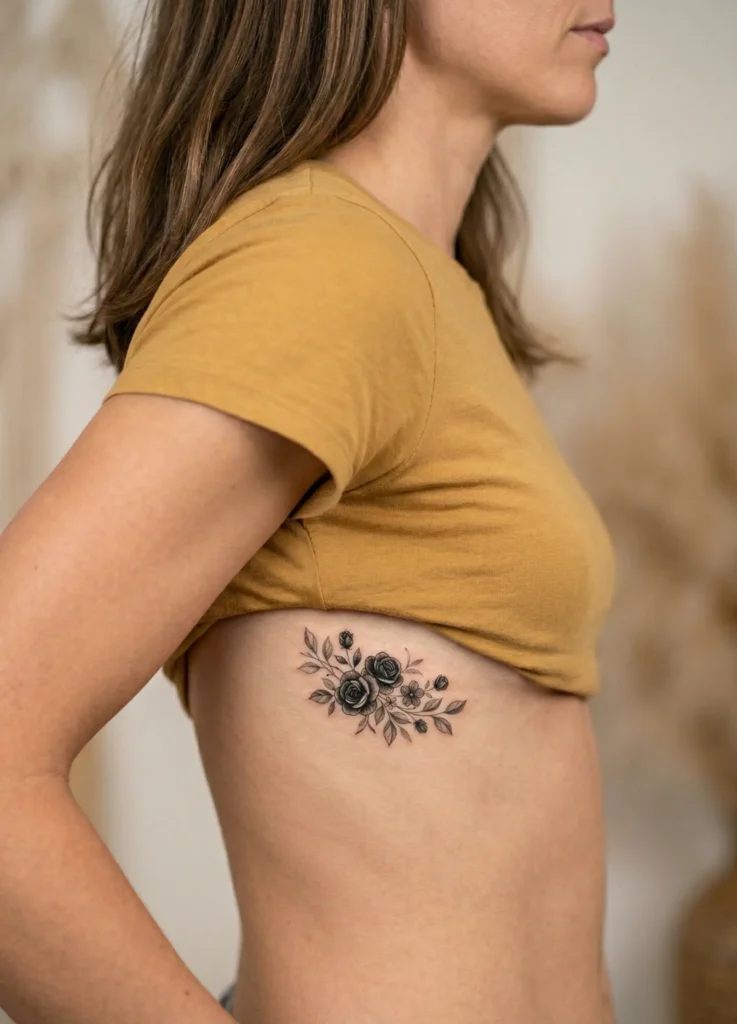 Tiny Floral Vine Hidden Tattoo on Rib