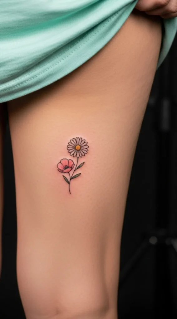 Tiny Flower Behind Knee Tattoo