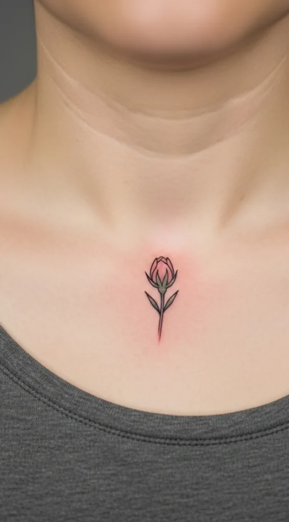 Tiny Flower Bud Hidden Tattoo on Collarbone