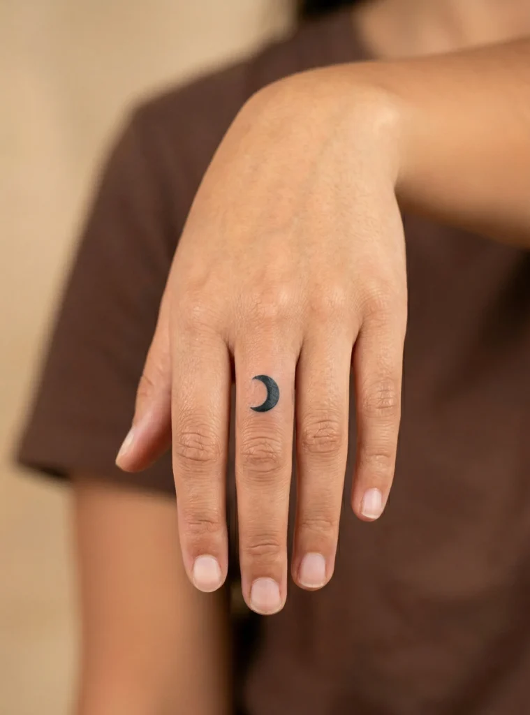 Tiny Half Moon Hidden Tattoo on Finger Side