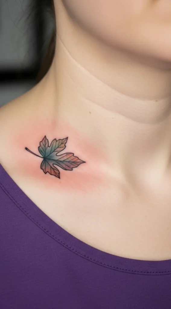 Tiny Leaf on Collarbone Tattoo