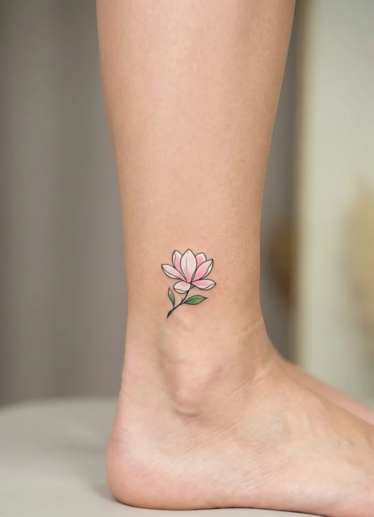 Tiny Magnolia Hidden Tattoo on Ankle Side