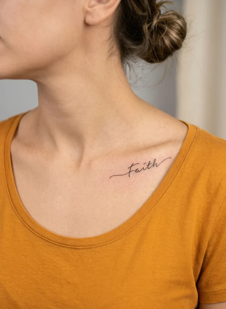Tiny Name Hidden Tattoo on Collarbone