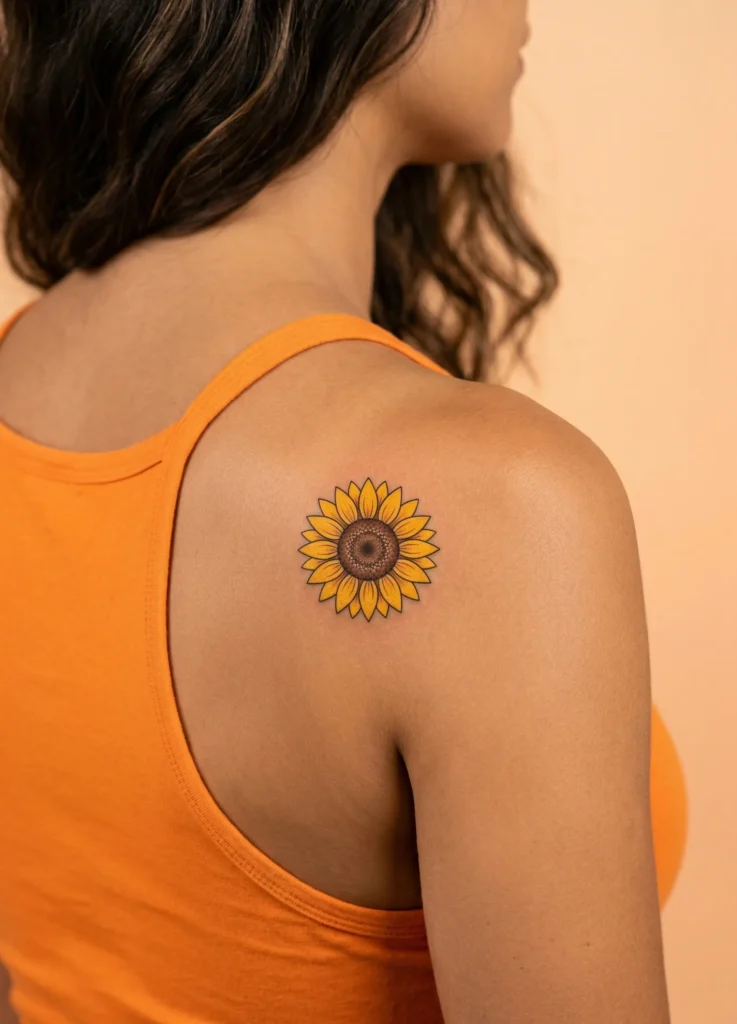 Tiny Sunflower Hidden Tattoo on Shoulder