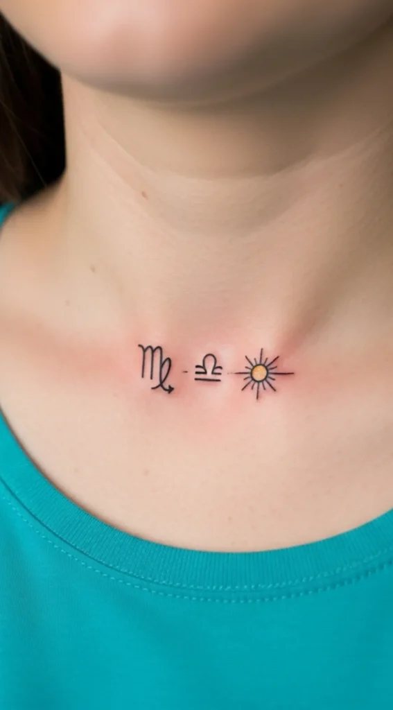 Tiny Zodiac with Tiny Sun Accent on Collarbone