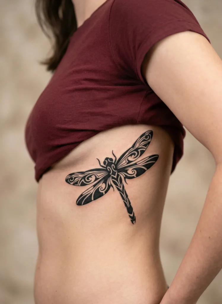 Tribal Blackwork Dragonfly on Rib