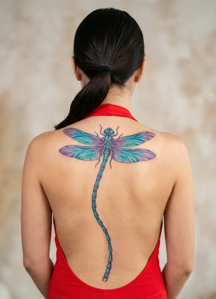 Vertical Dragonfly Spine Tattoo Along Entire Spine