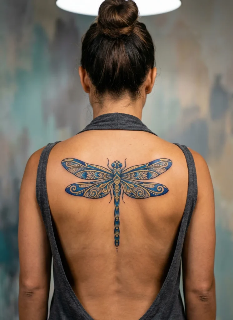 Vertical Mandala Dragonfly Spine Tattoo