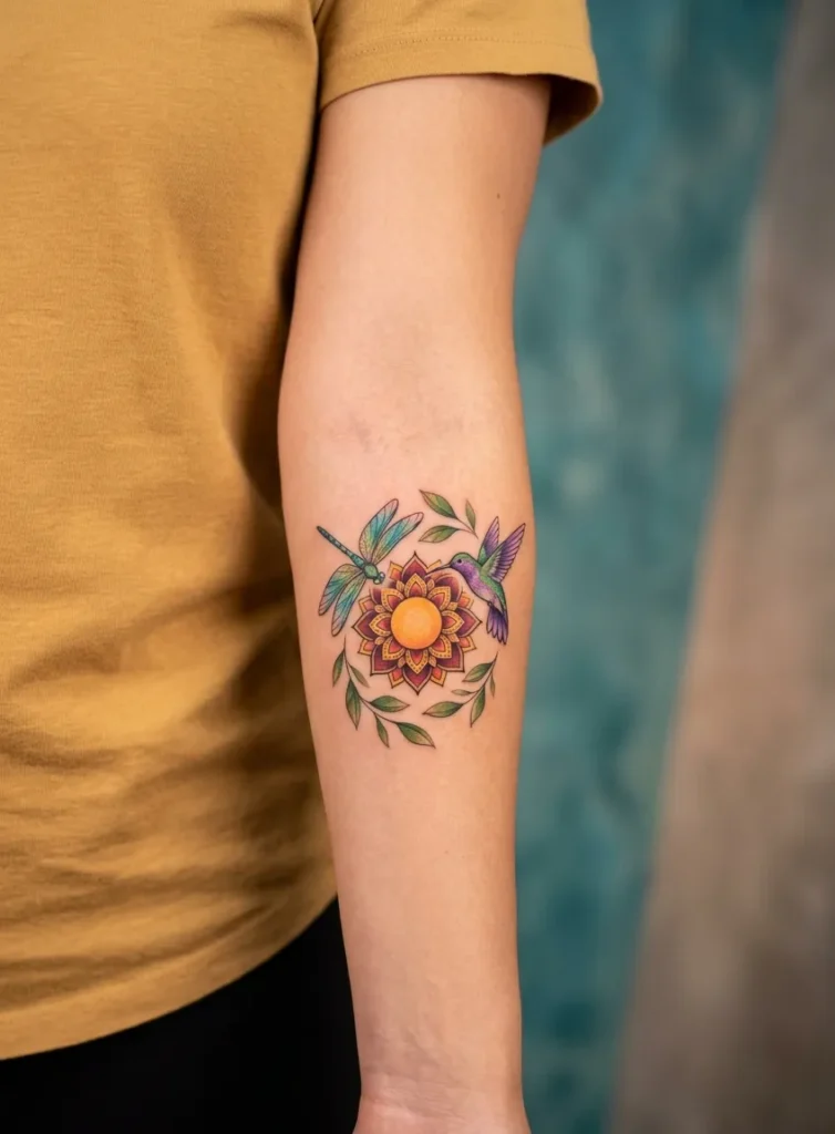 Dragonfly and Hummingbird with Sun and Leaves