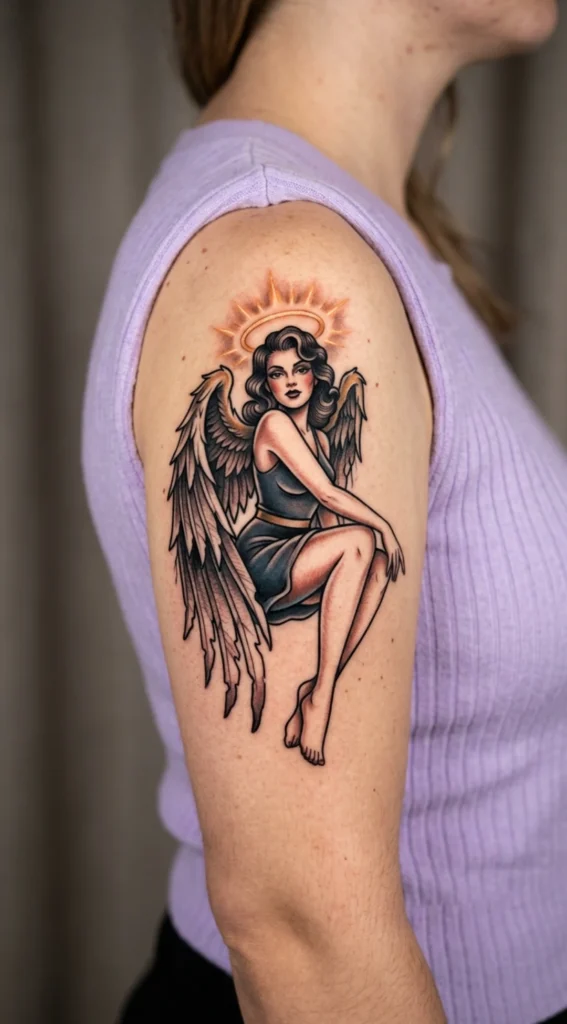 Angel Pinup with Broken Wings and Halo Glow