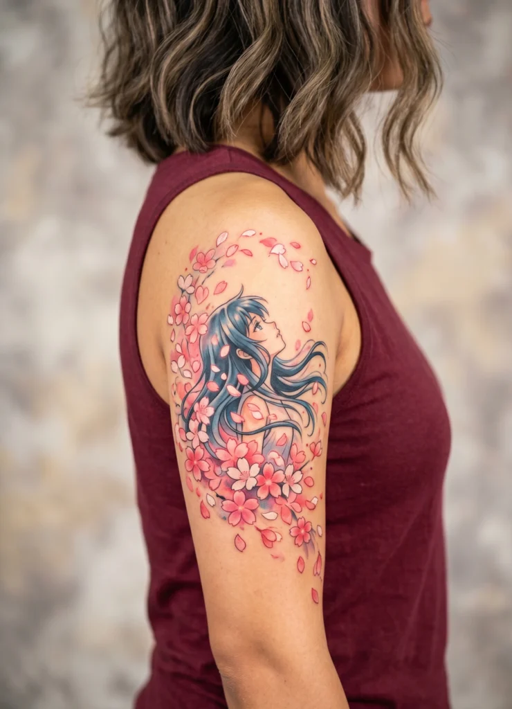 Anime Girl with Sakura Petals Flow