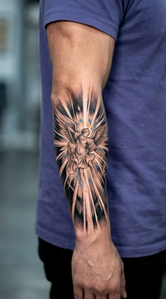 Archangel Light Burst Forearm Tattoo