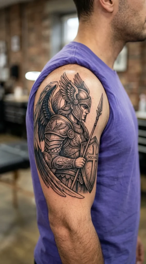 Archangel Michael Shoulder Armor Tattoo