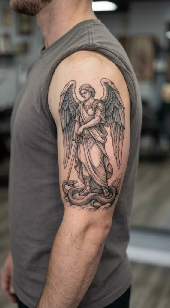 Archangel Standing Victorious Over Snake