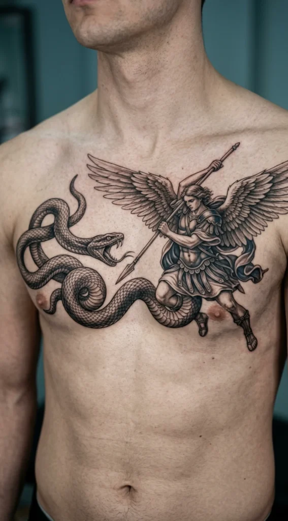 Archangel vs Serpent Chest Tattoo