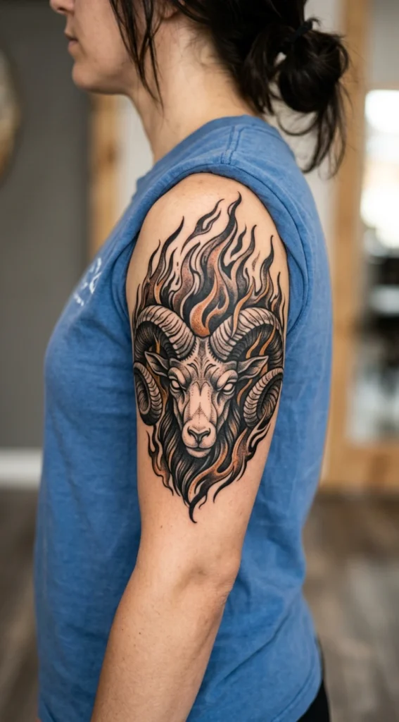 Aries Ram Head with Flames