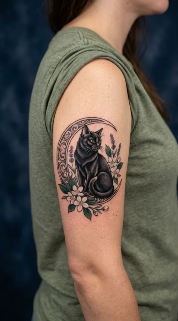 Black Cat with Crescent Moon and Florals