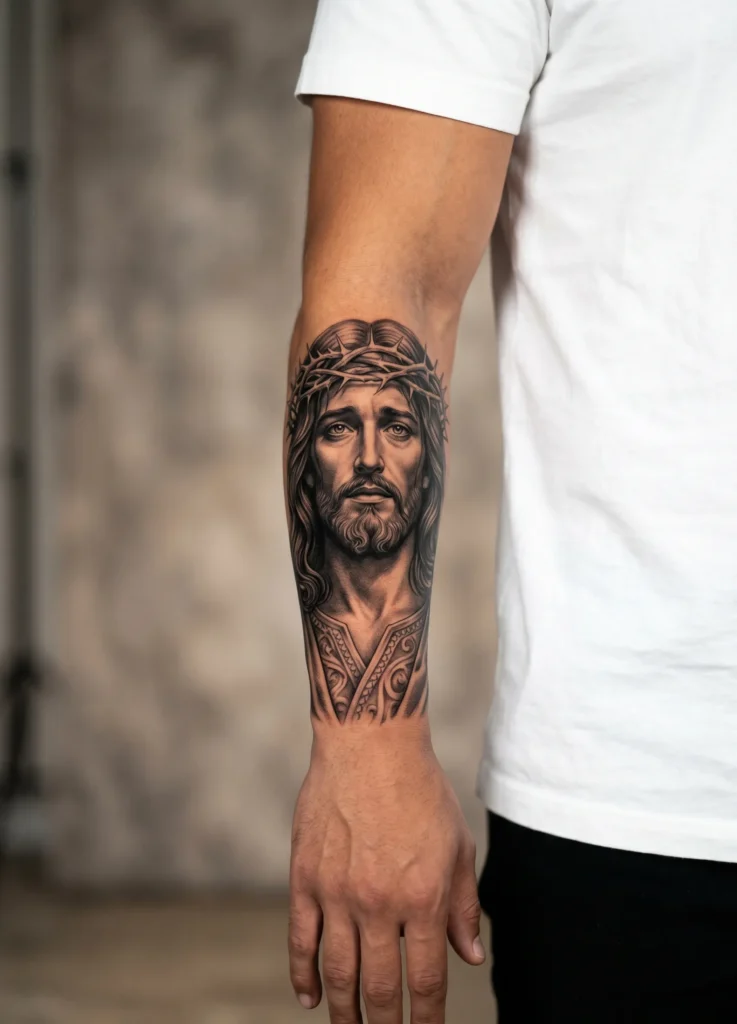 Black and Grey Jesus Forearm Realism
