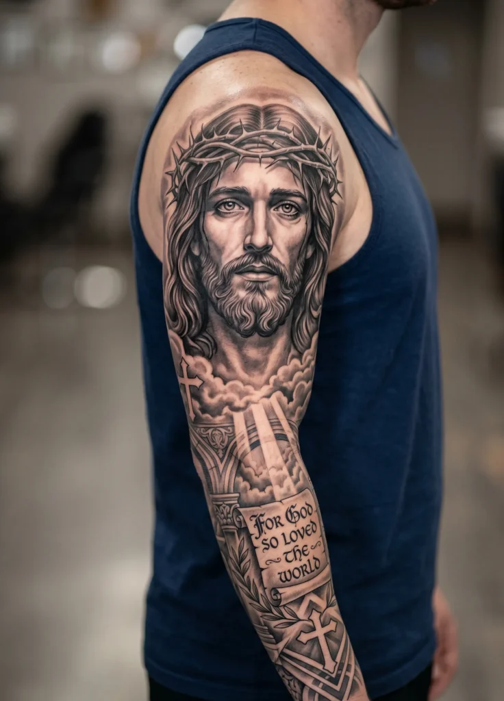 Black and Grey Jesus Portrait Sleeve