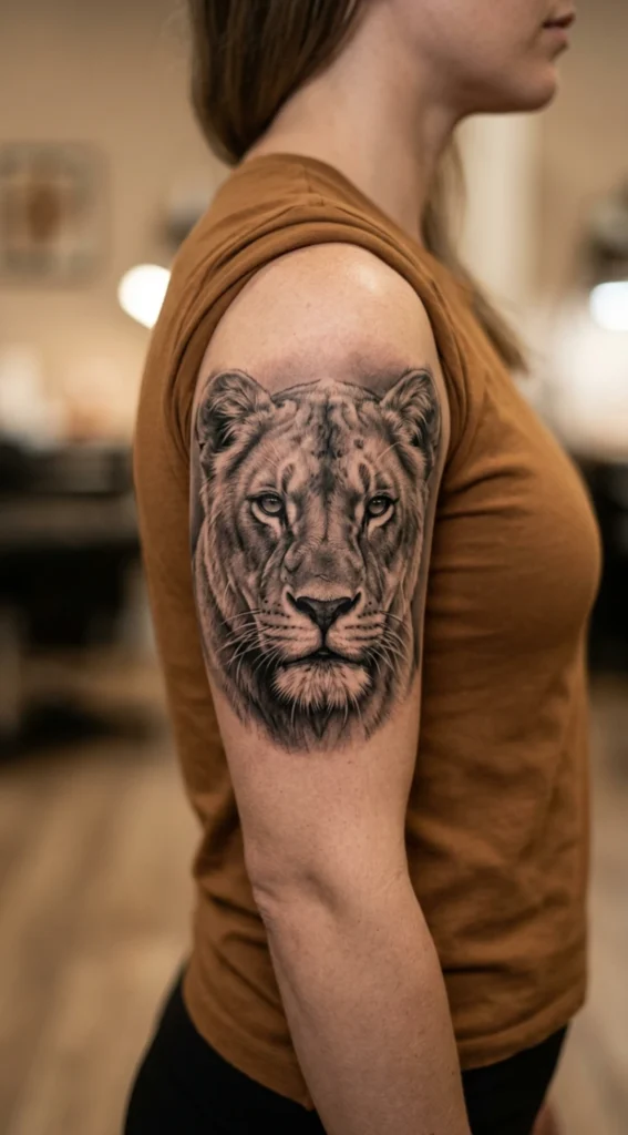 Black and Grey Lioness Portrait Tattoo