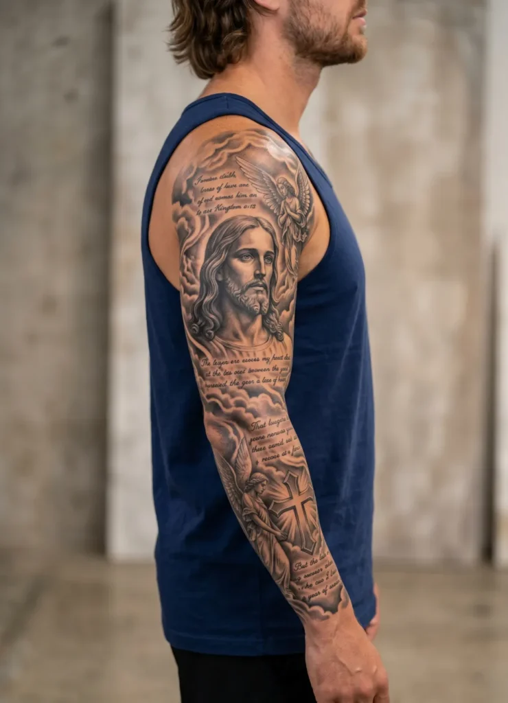 Black and Grey Realism Jesus Sleeve