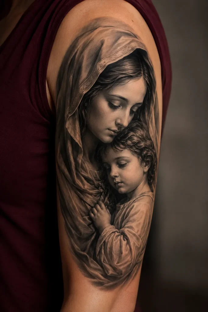 Black and Grey Realism Mary and Jesus Portrait