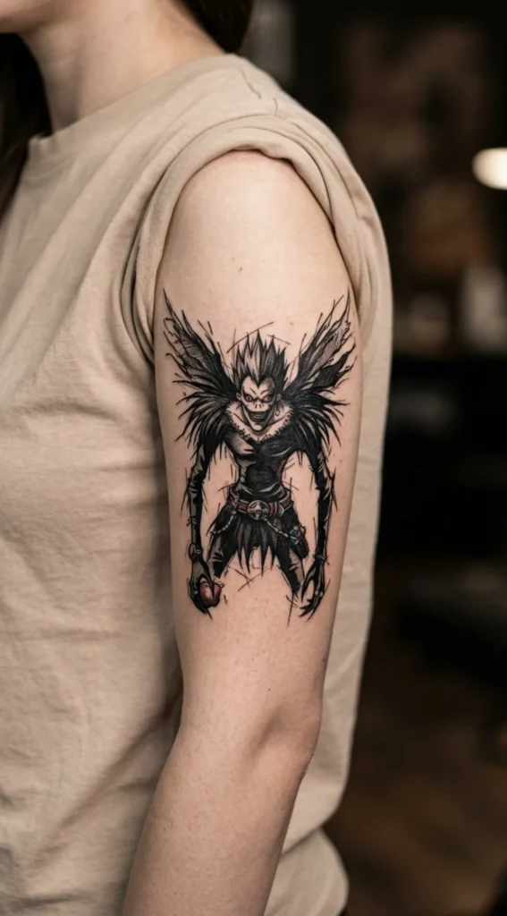 Blackwork Ryuk Sketch Style Tattoo