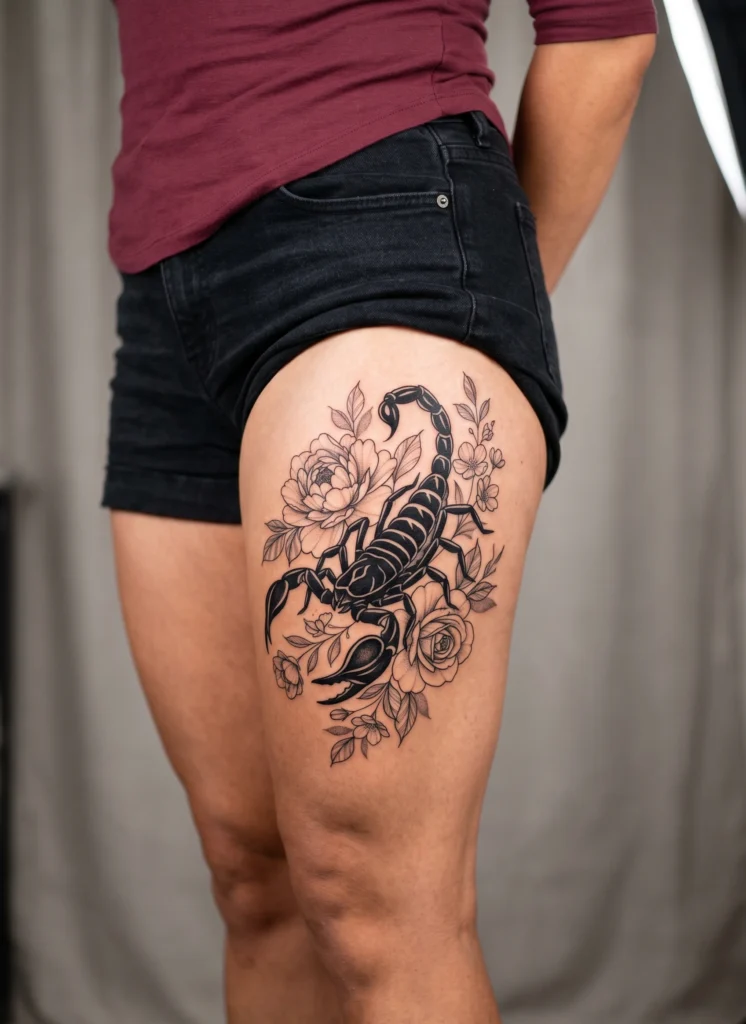 Blackwork Scorpion with Floral Accents