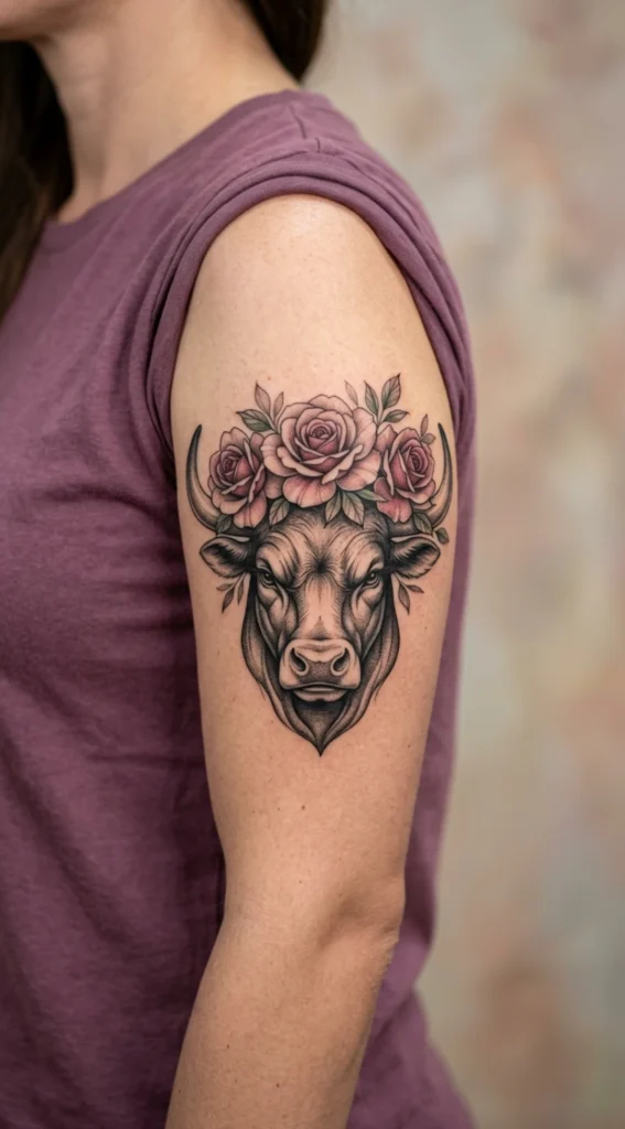 Bull Head with Rose Crown