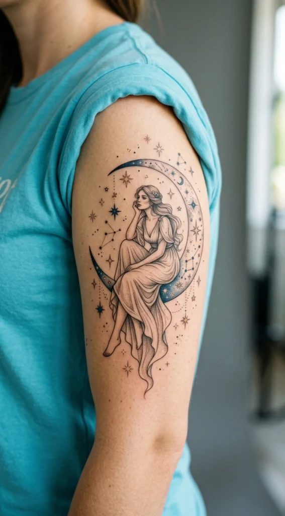 Celestial Maiden Sitting on Crescent Moon