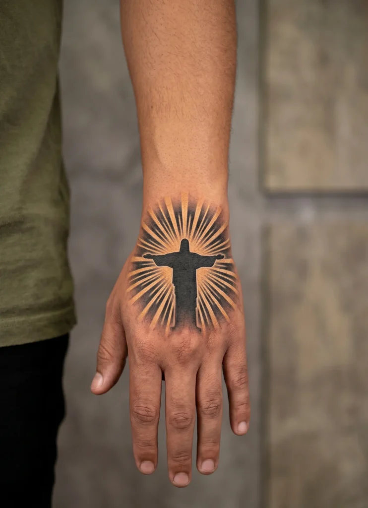 Christ Silhouette With Light Burst Hand